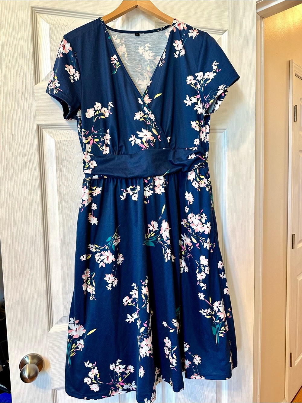 Navy Floral Wrap Fit-and-Flare Dress